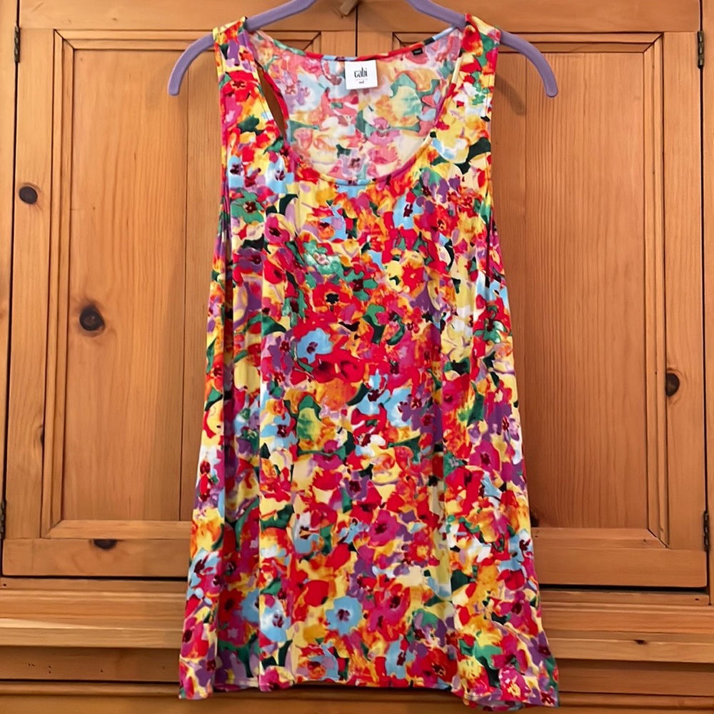 CAbi “Luisa” racer back tank, multicolor floral print, 100% viscose, Medium